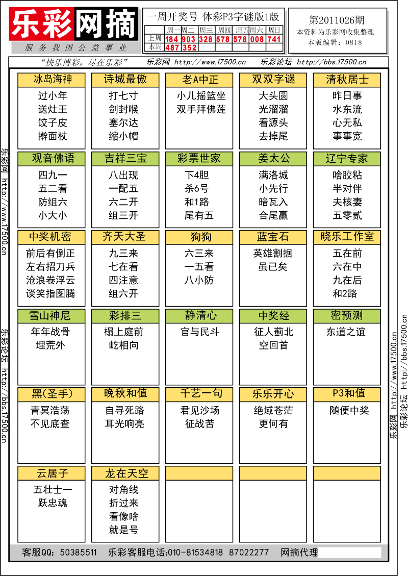 排列三第2011026期字谜总汇