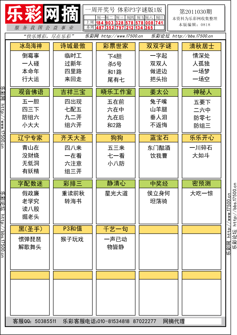 排列三第2011030期字谜总汇