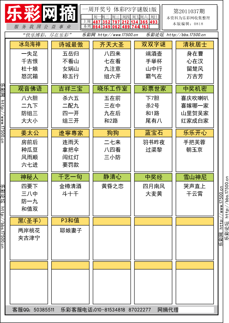 排列三第2011037期字谜总汇