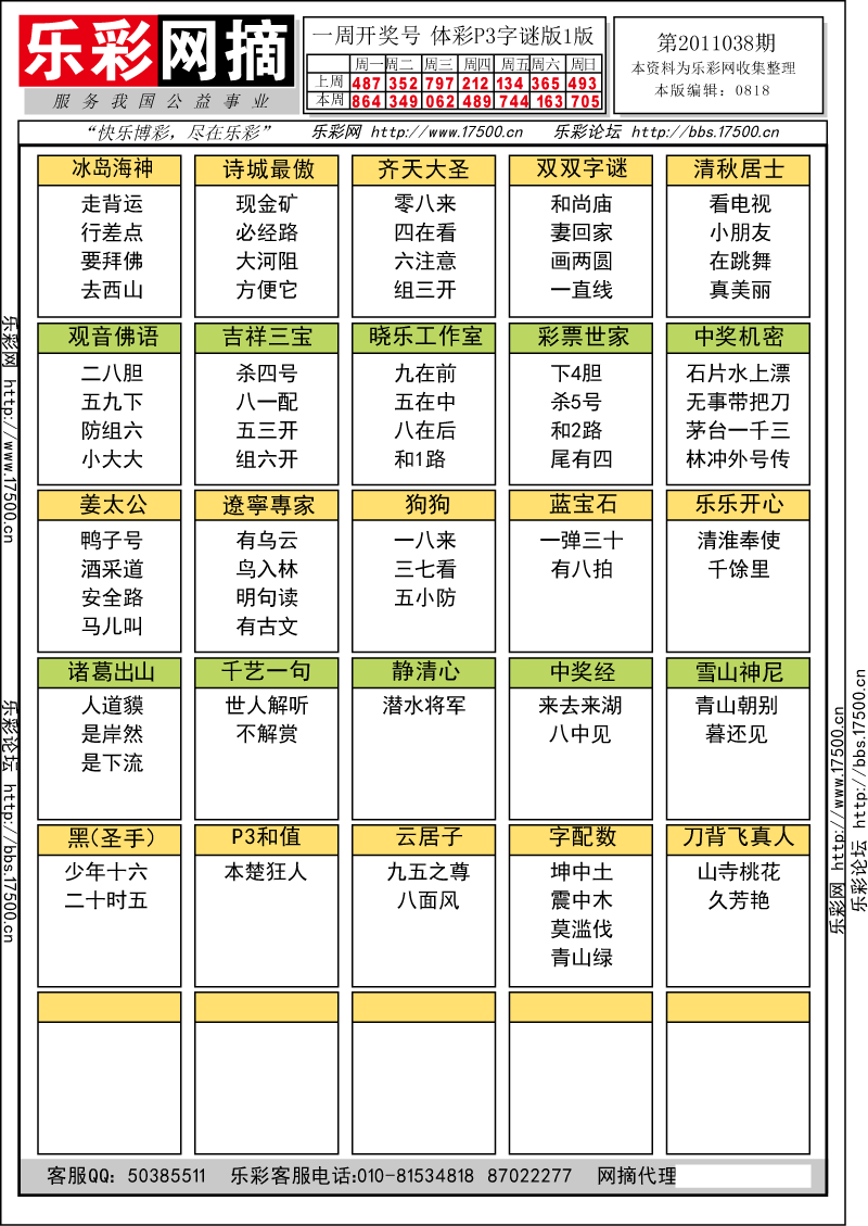 排列三第2011038期字谜总汇