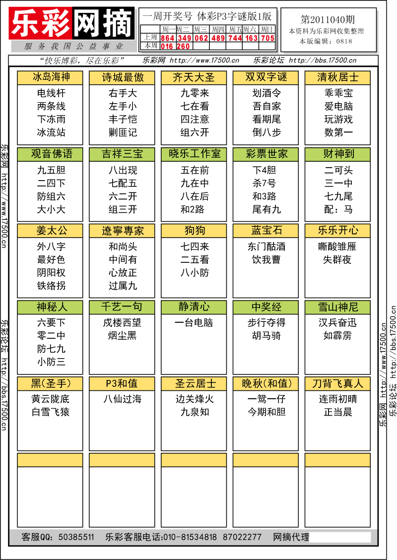 排列三第2011040期字谜总汇