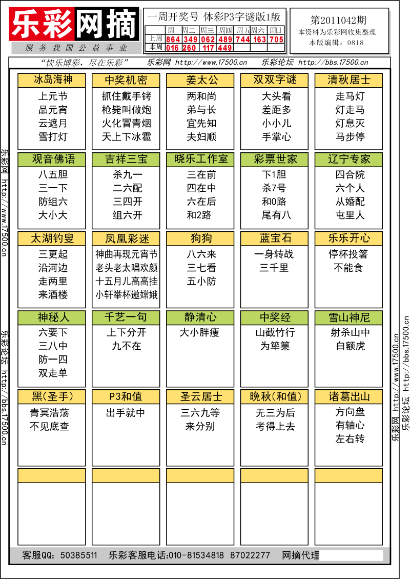 排列三第2011042期字谜总汇