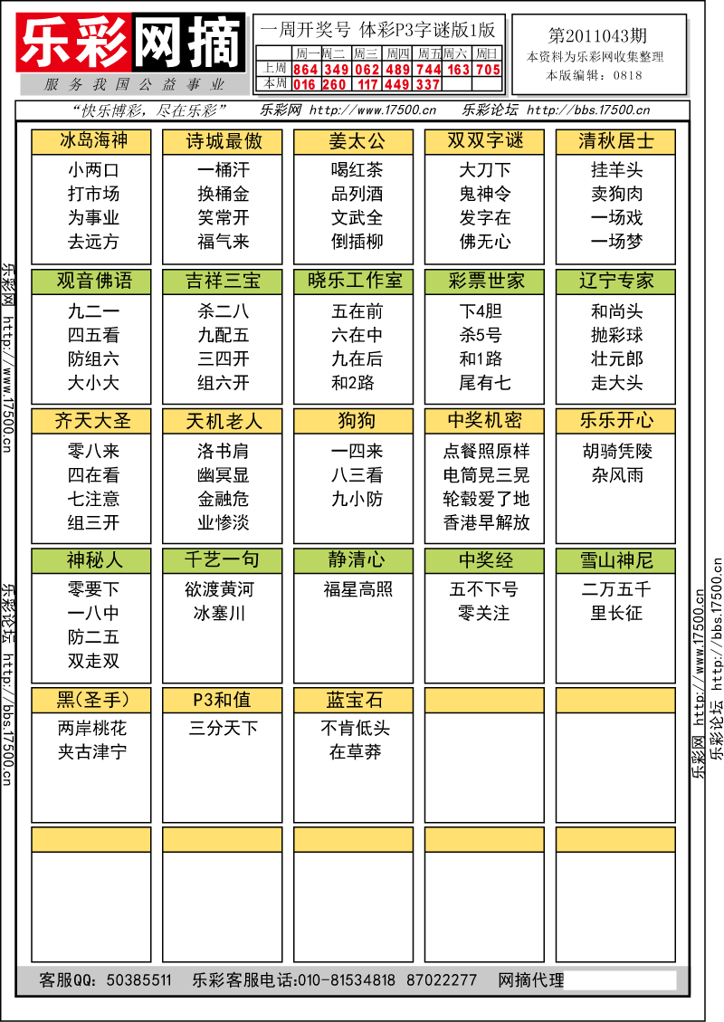 排列三第2011043期字谜总汇