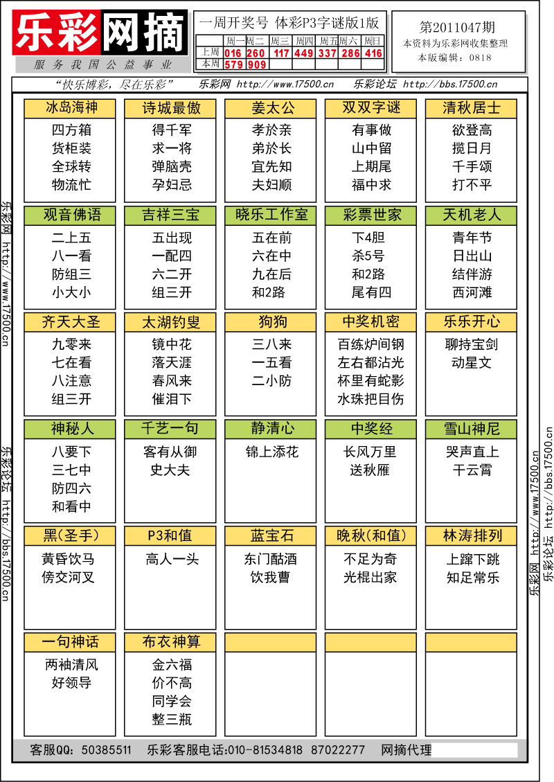 排列三第2011047期字谜总汇