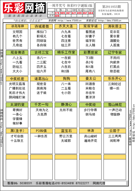 排列三第2011053期字谜总汇