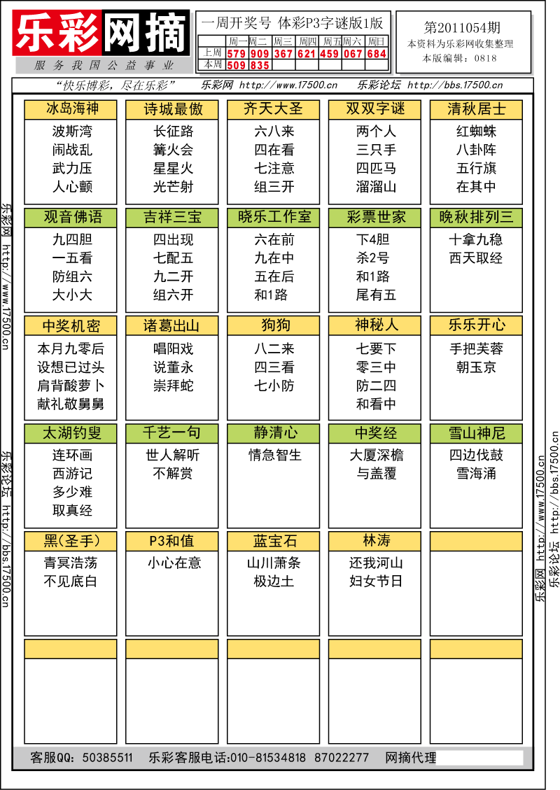 排列三第2011054期字谜总汇