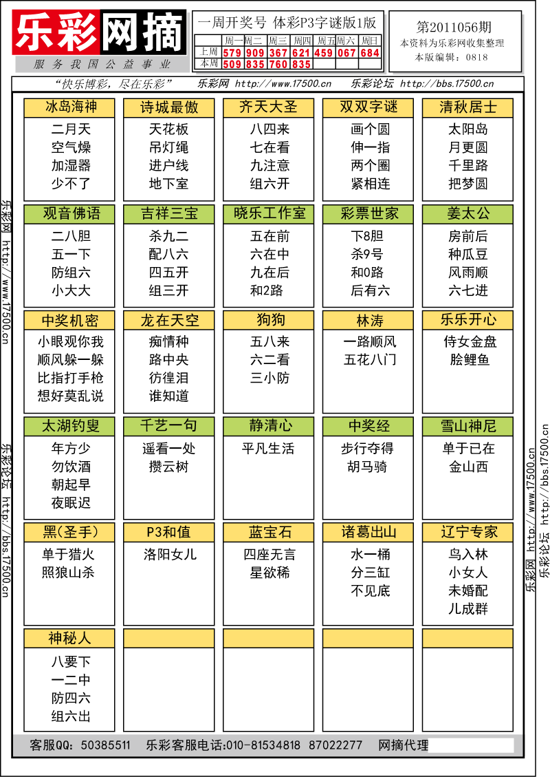 排列三第2011056期字谜总汇