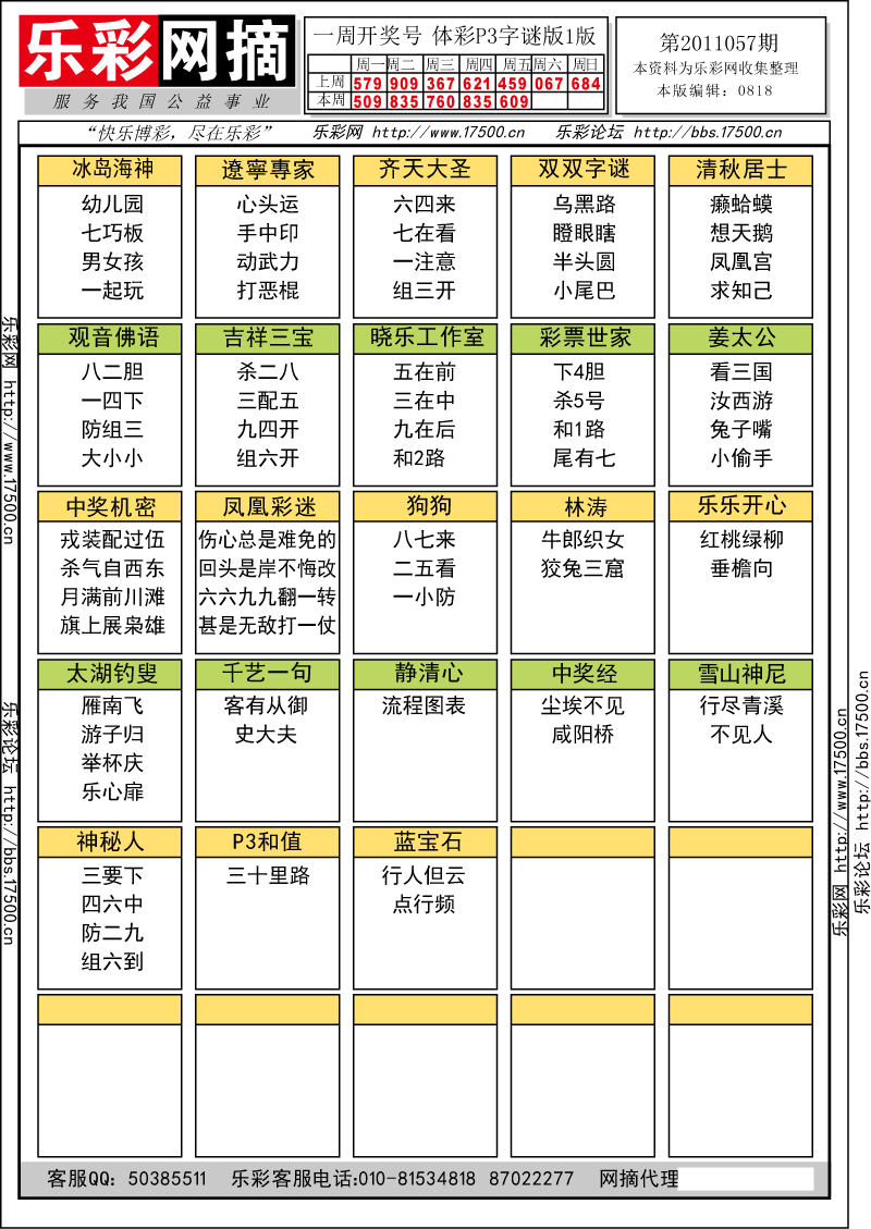 排列三第2011057期字谜总汇