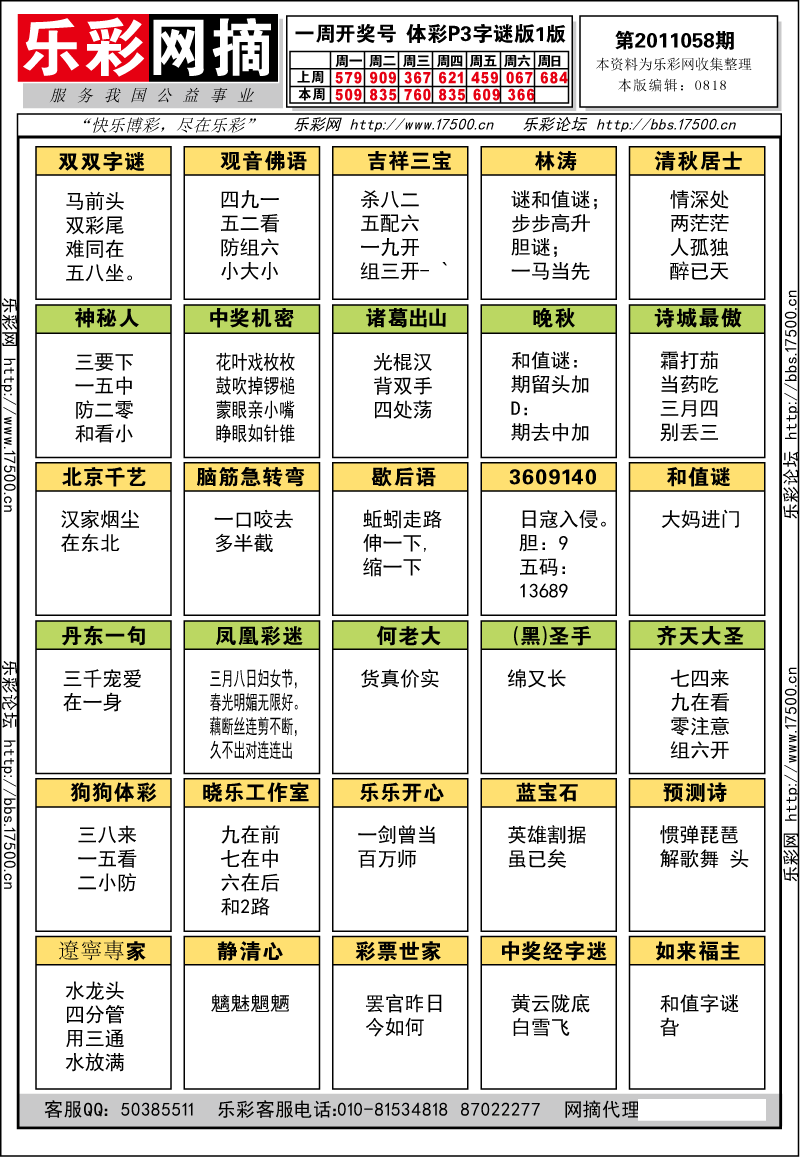 排列三第2011058期字谜总汇