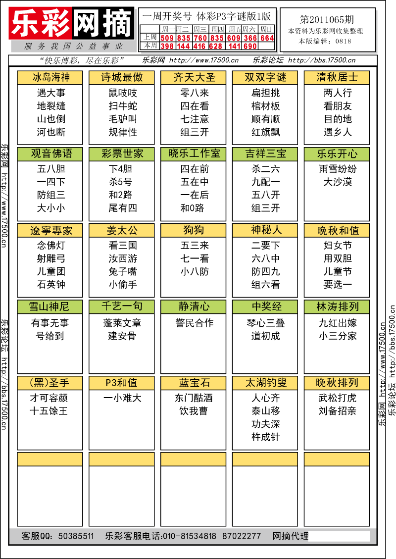 排列三第2011065期字谜总汇