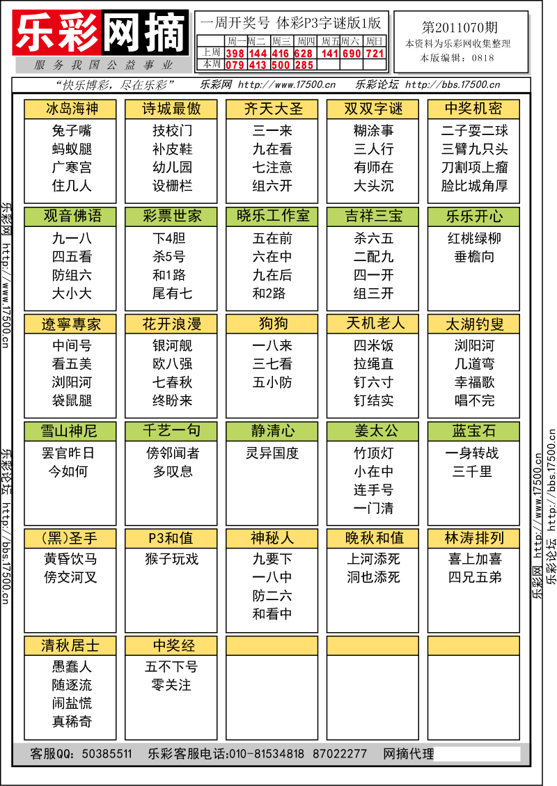 排列三第2011070期字谜总汇