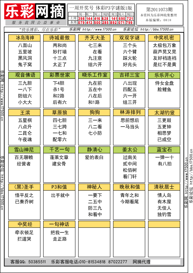 排列三第2011073期字谜总汇