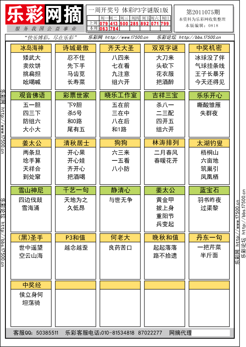 排列三第2011075期字谜总汇