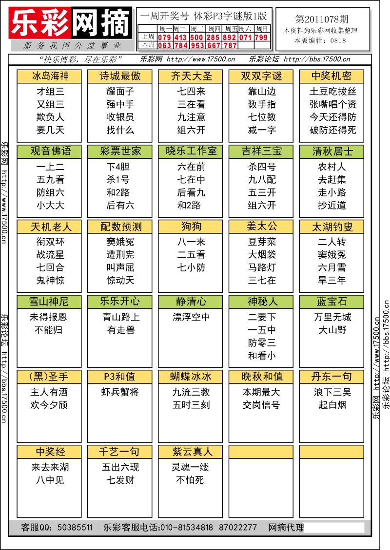 排列三第2011078期字谜总汇