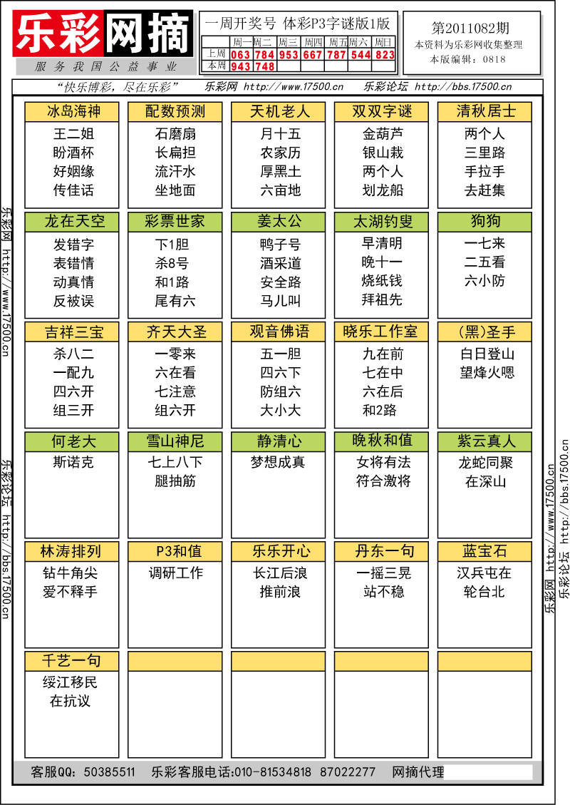 排列三第2011082期字谜总汇