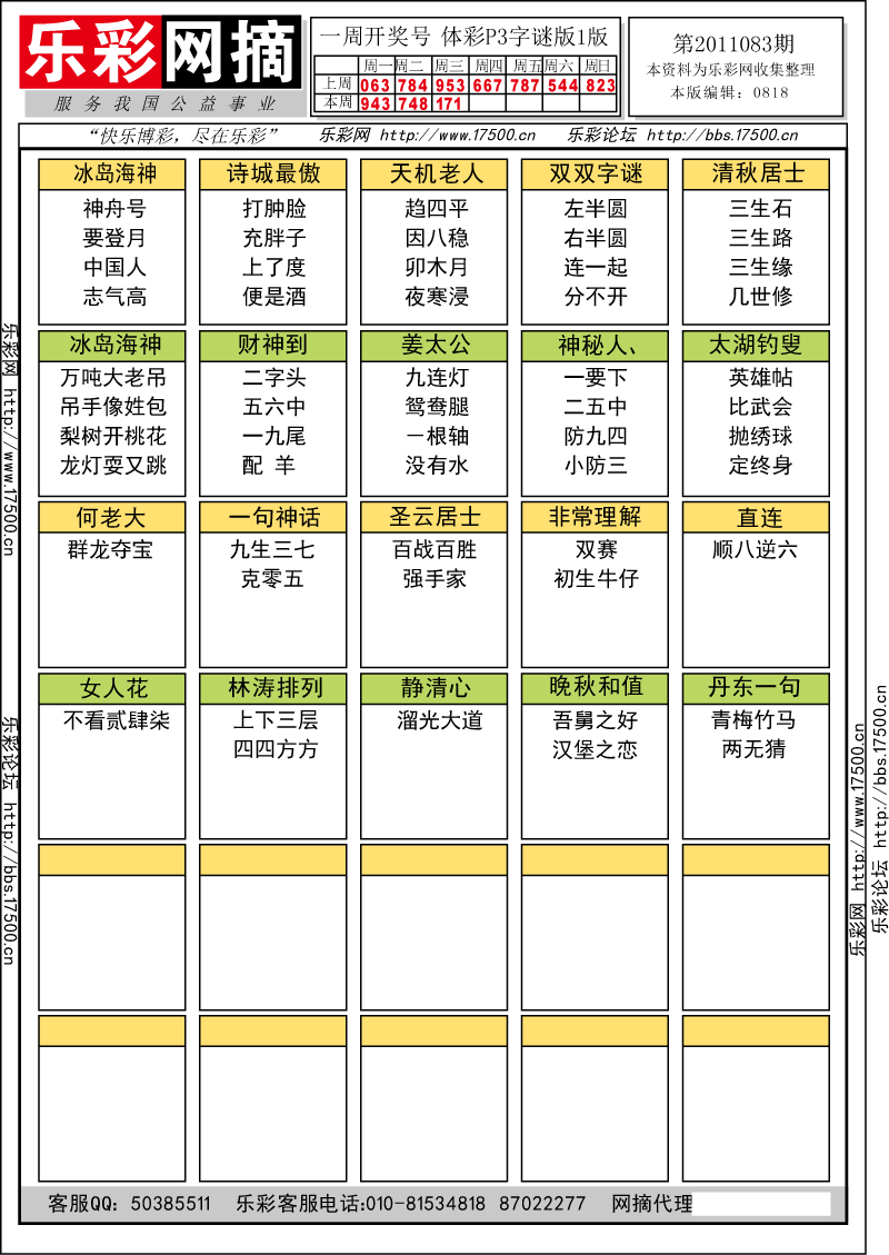 排列三第2011083期字谜总汇