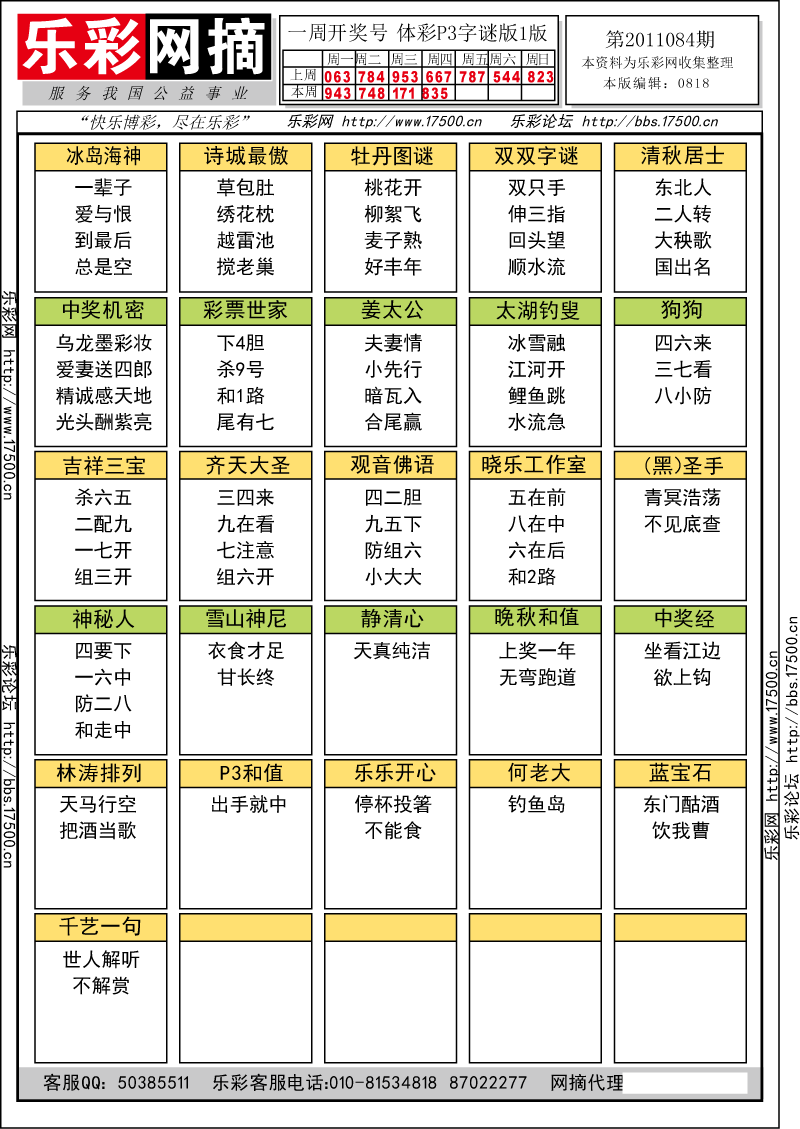 排列三第2011084期字谜总汇