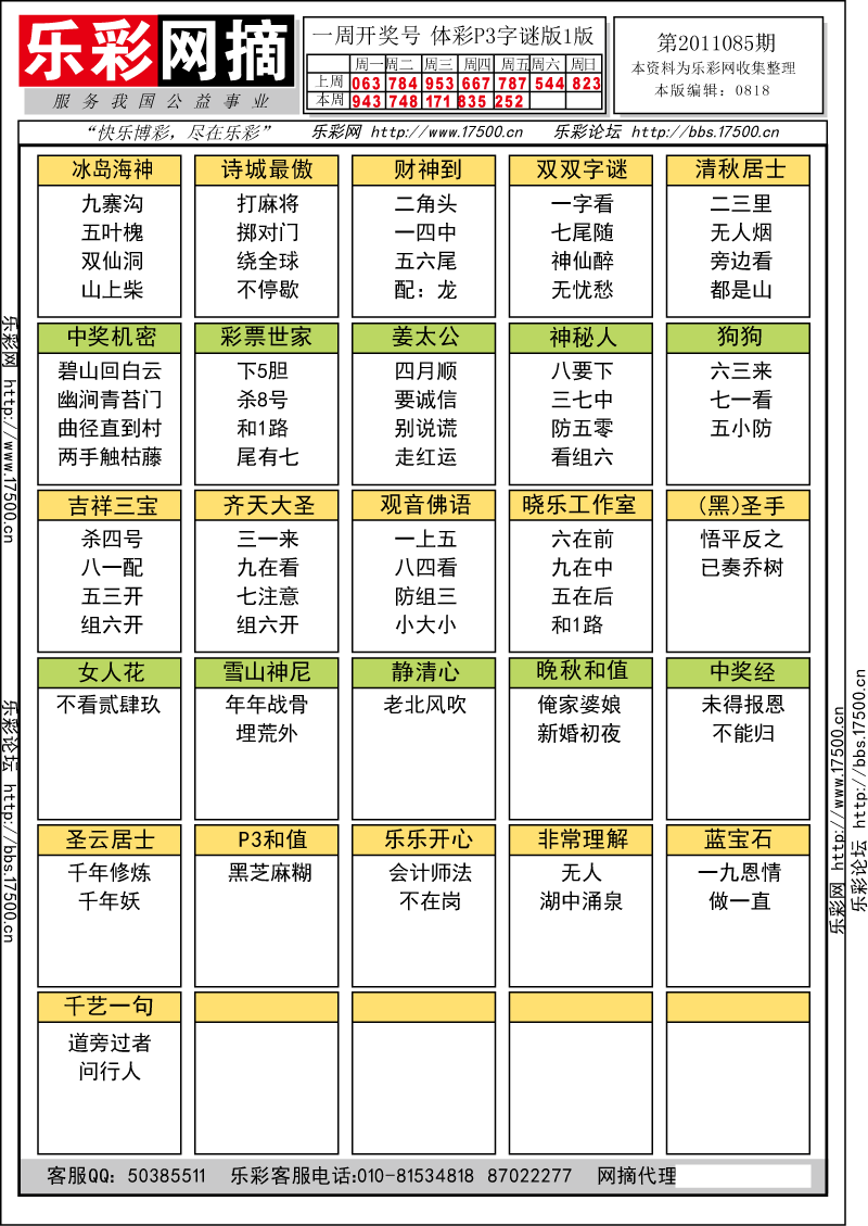 排列三第2011085期字谜总汇