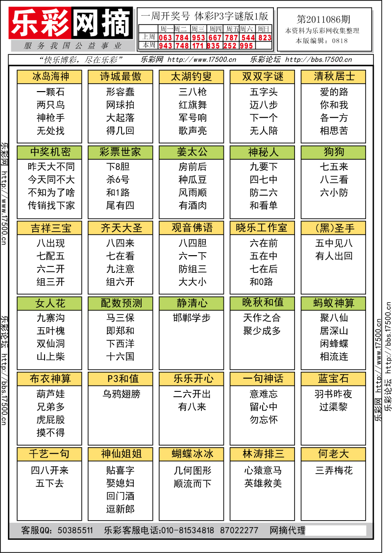 排列三第2011086期字谜总汇