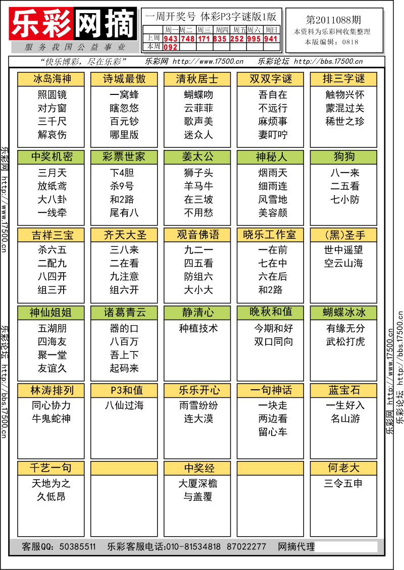 排列三第 2011087期字谜总汇