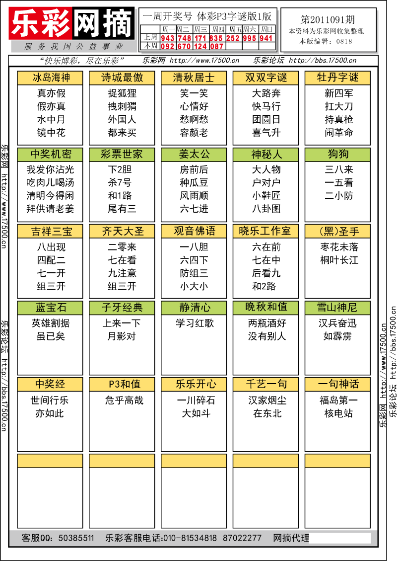 排列三第2011091期字谜总汇