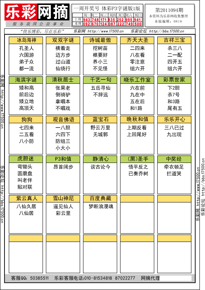 排列三第2011094期字谜总汇