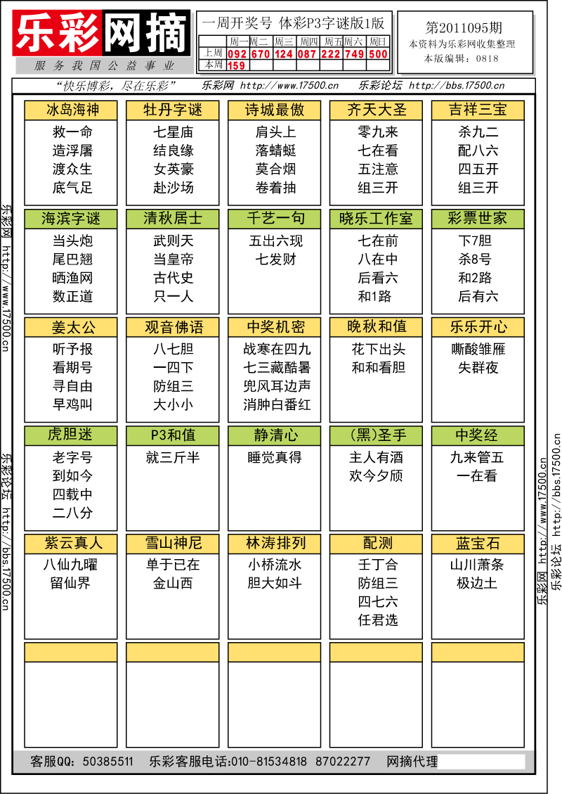 排列三第2011095期字谜总汇