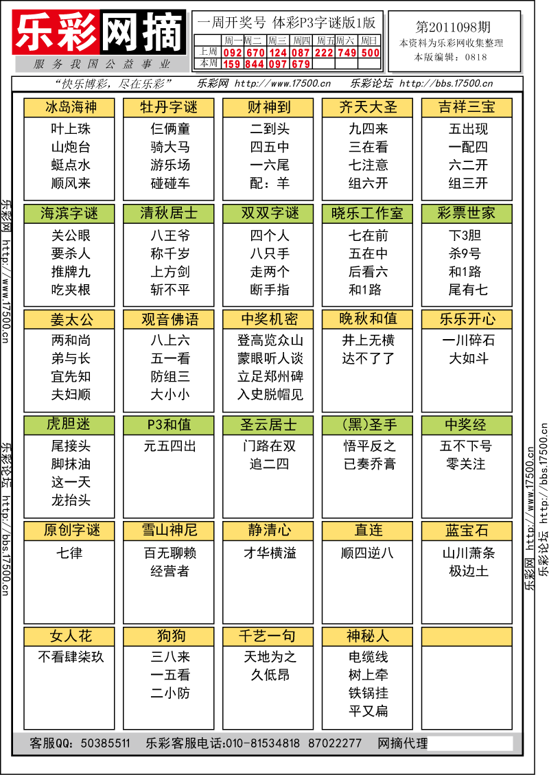 排列三第2011098期字谜总汇