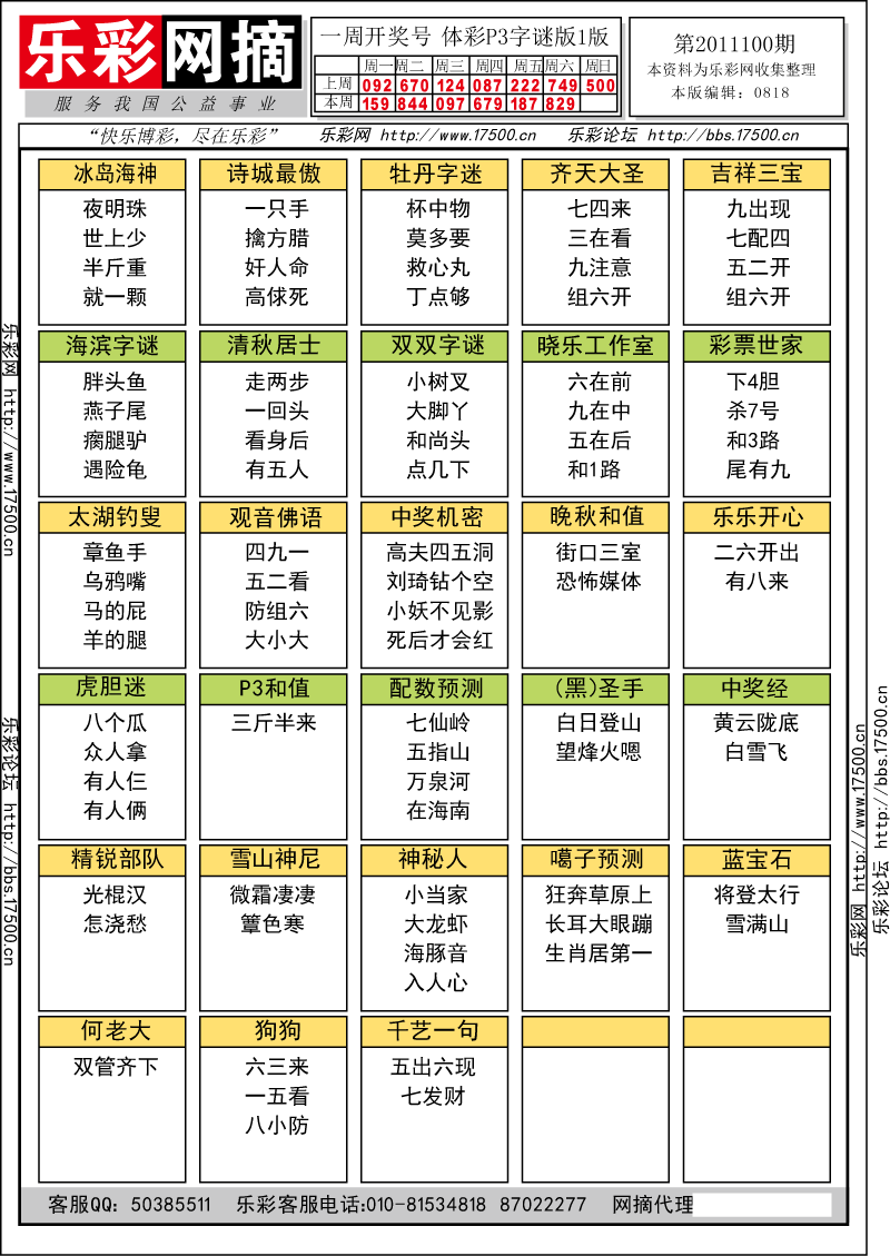 排列三第2011100期字谜总汇