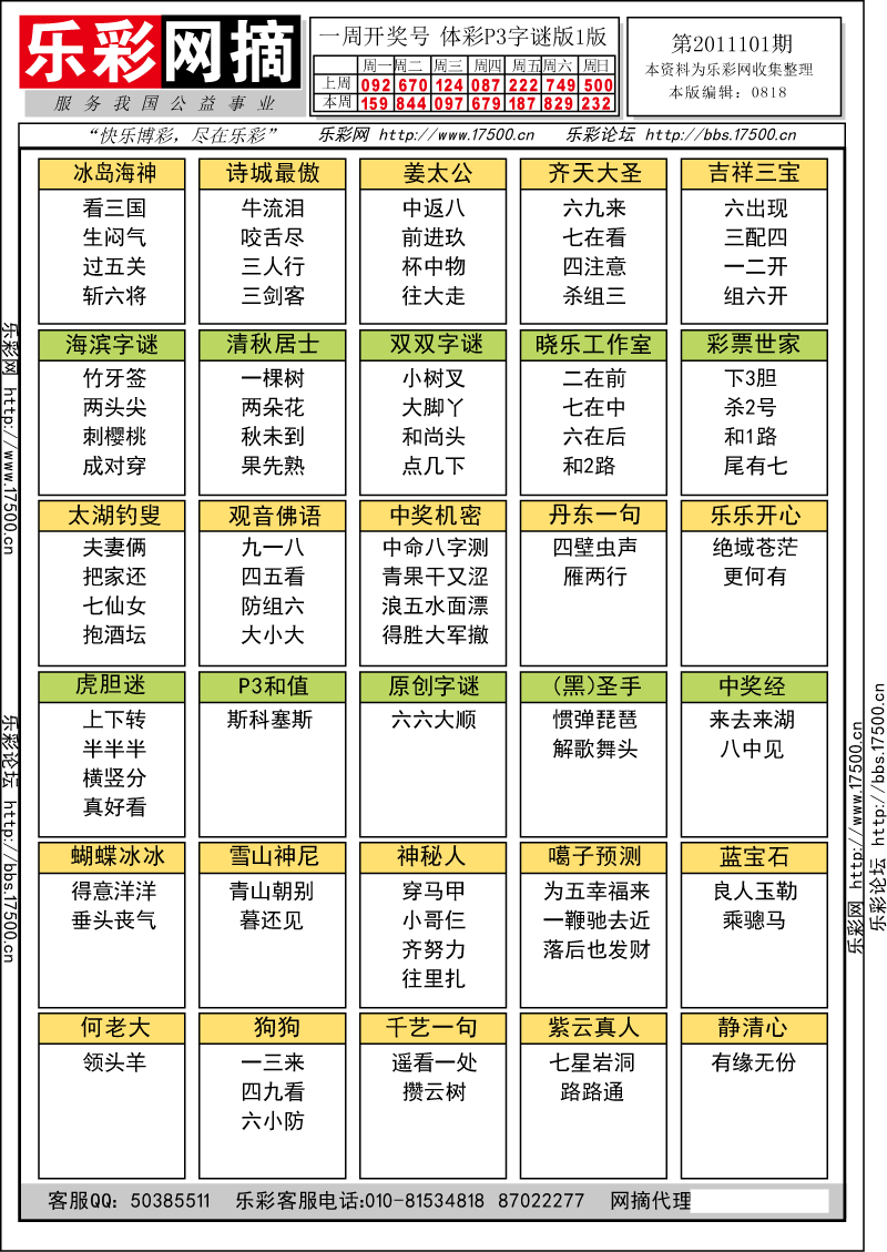 排列三第2011101期字谜总汇