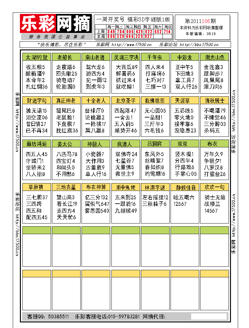 福彩3D第2011106期字谜总汇