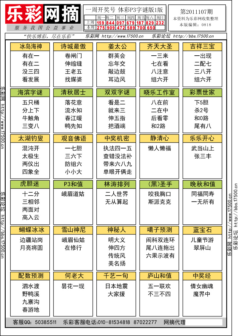 排列三第2011107期字谜总汇