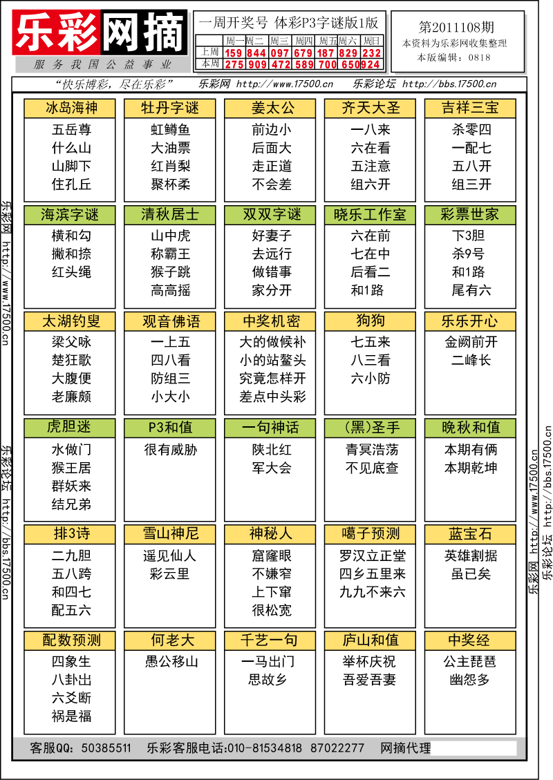 排列三第2011108期字谜总汇