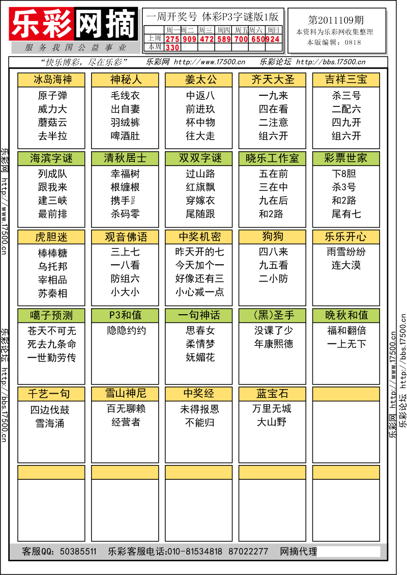 排列三第2011109期字谜总汇