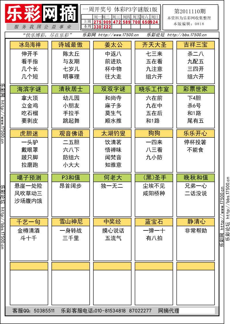 排列三第2011110期字谜总汇