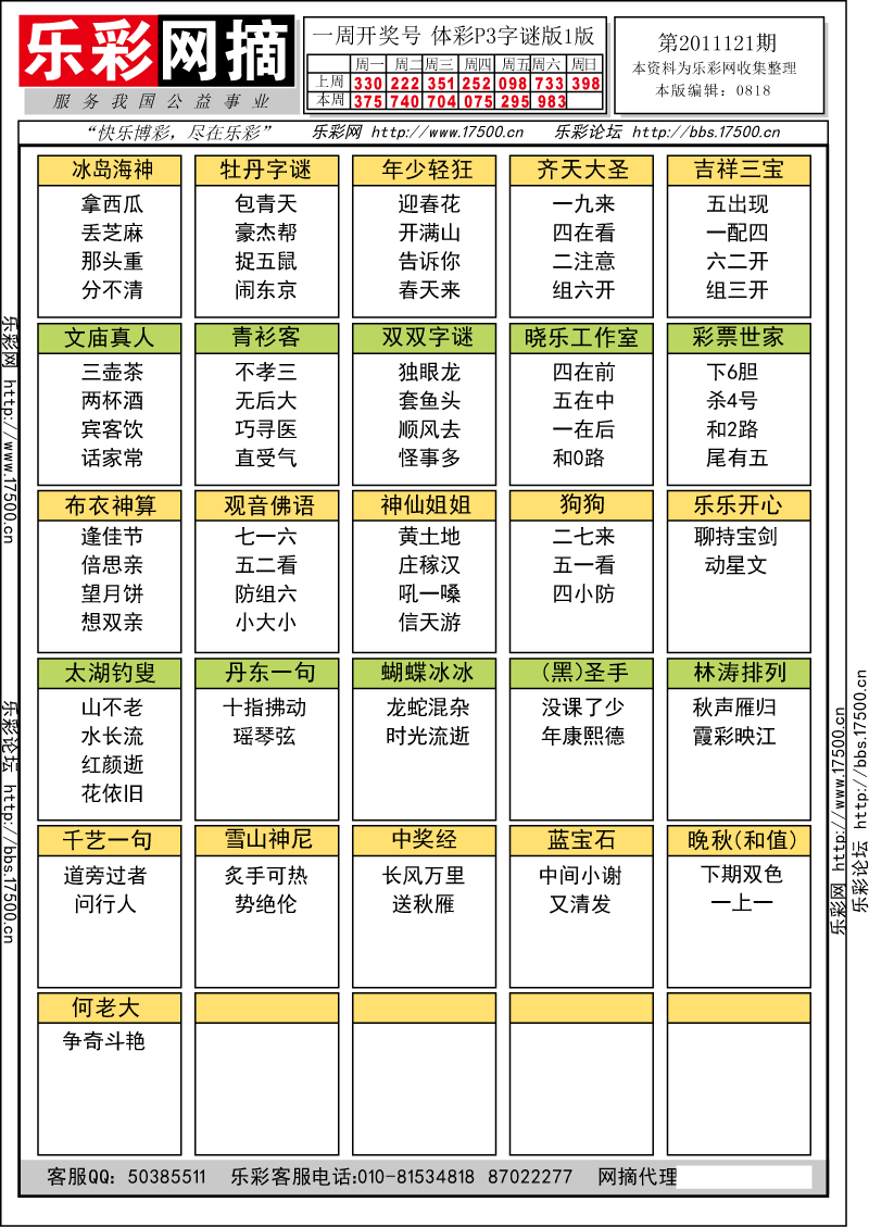 排列三第2011121期字谜总汇