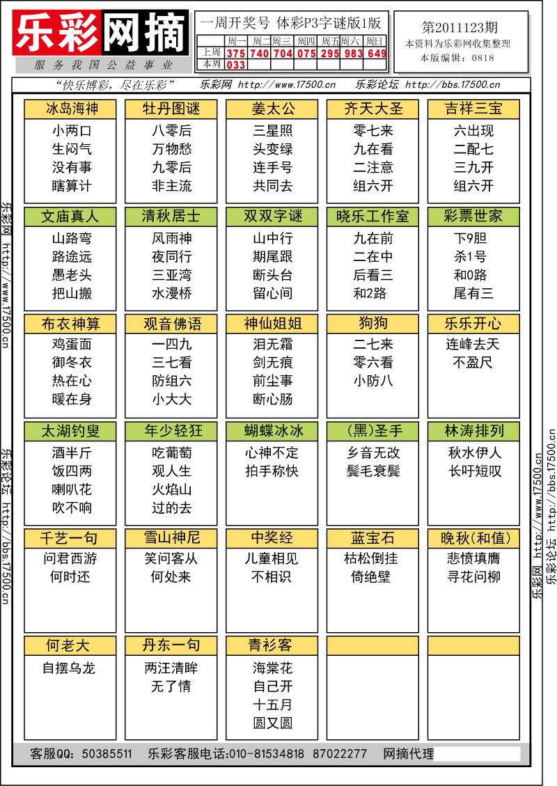 排列三第2011123期字谜总汇