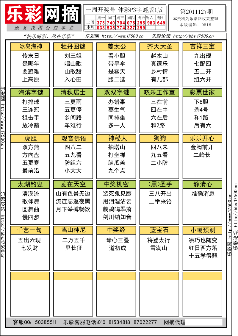 排列三第2011127期字谜总汇