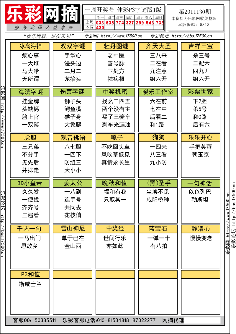 排列三第2011130期字谜总汇