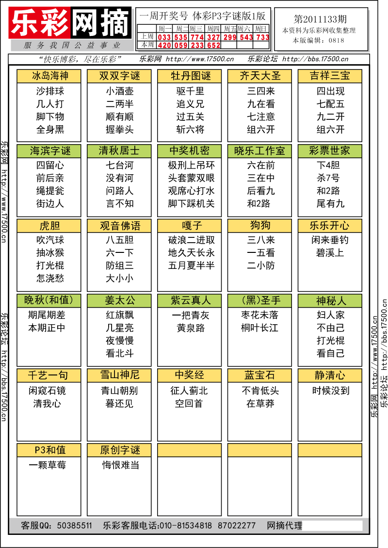 排列三第2011132期字谜总汇