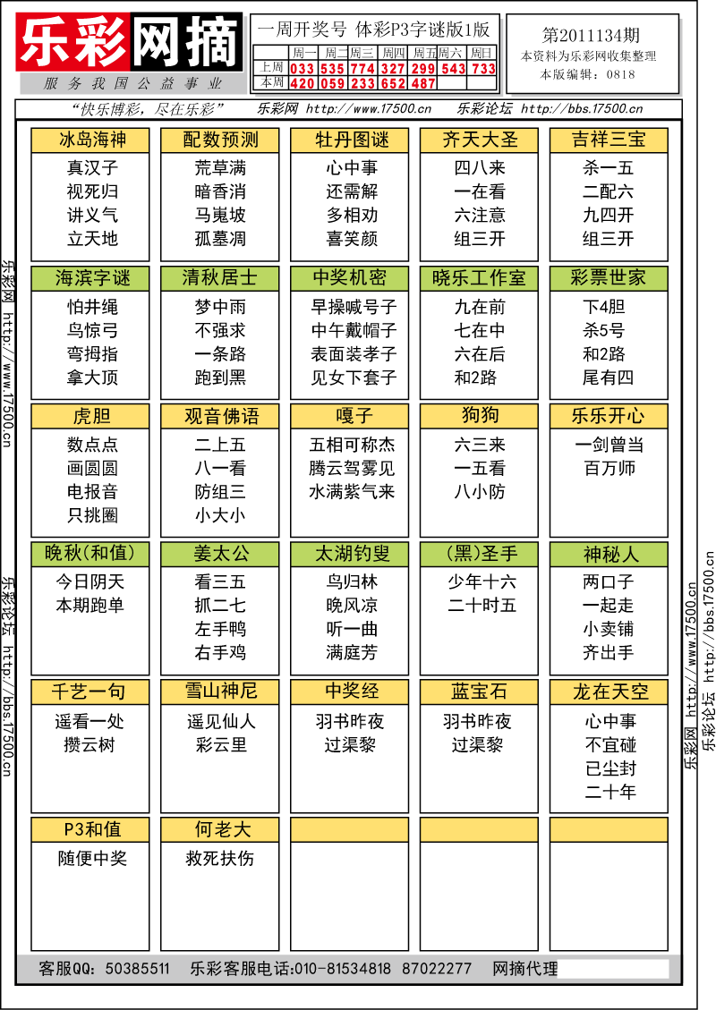 排列三第2011134期字谜总汇