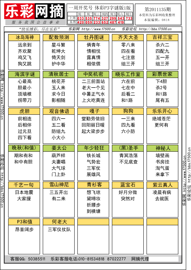 排列三第2011135期字谜总汇