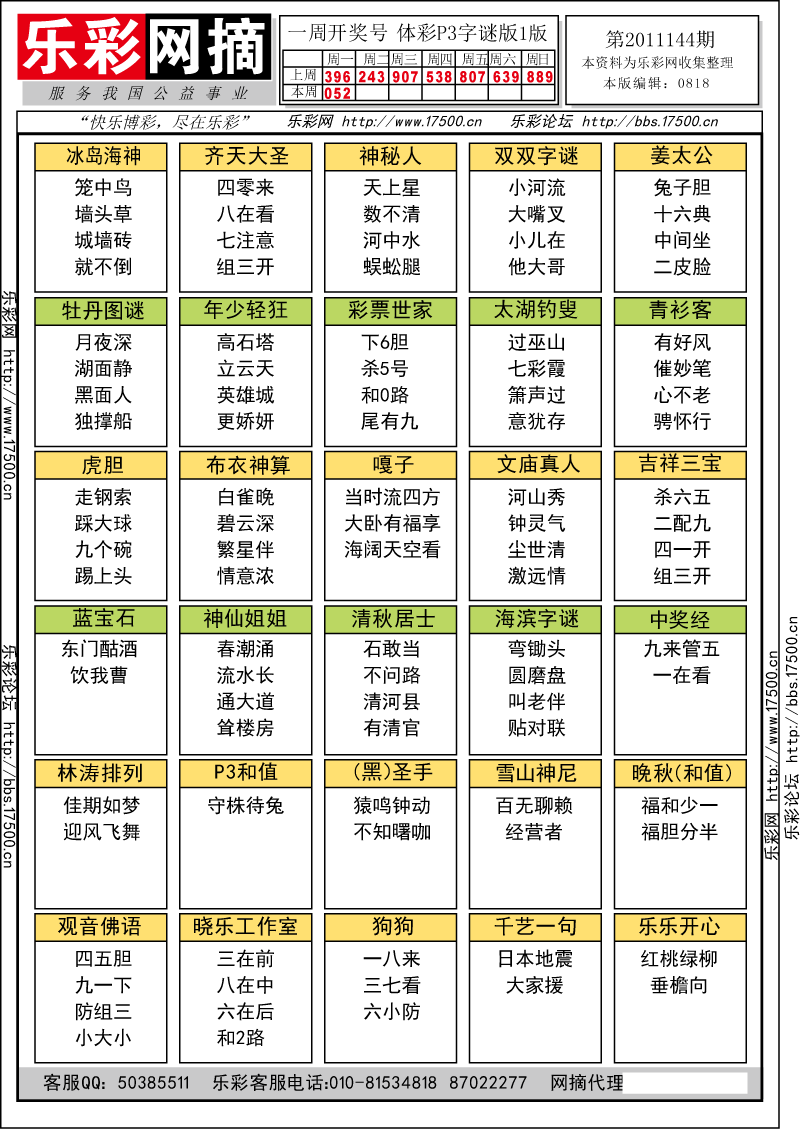 排列三第2011144期字谜总汇