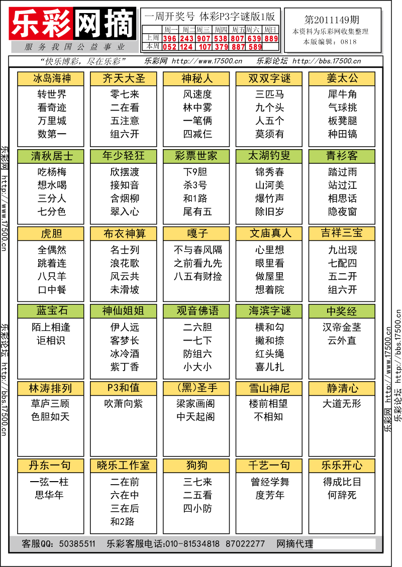 排列三第2011149期字谜总汇