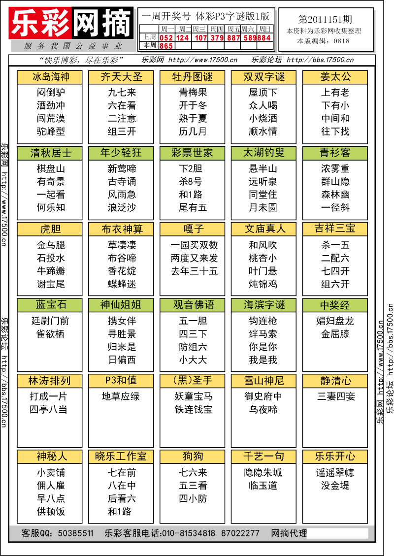 排列三第2011151期字谜总汇