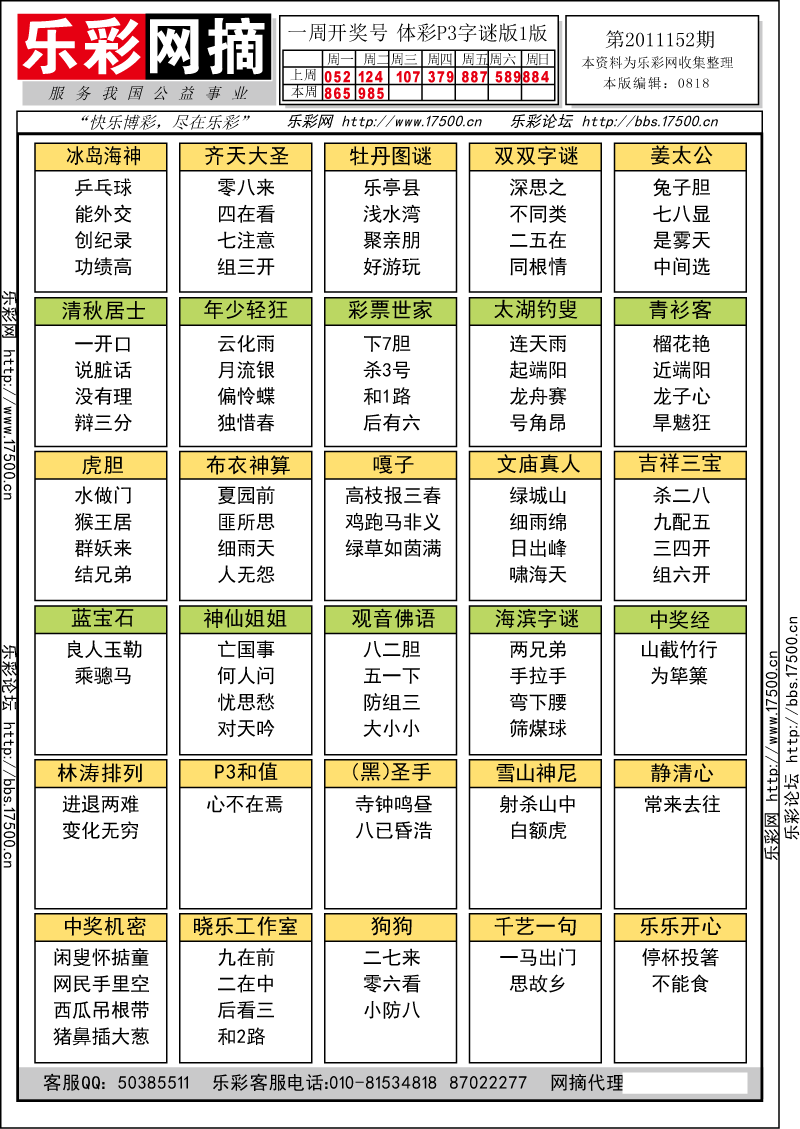 排列三第2011152期字谜总汇