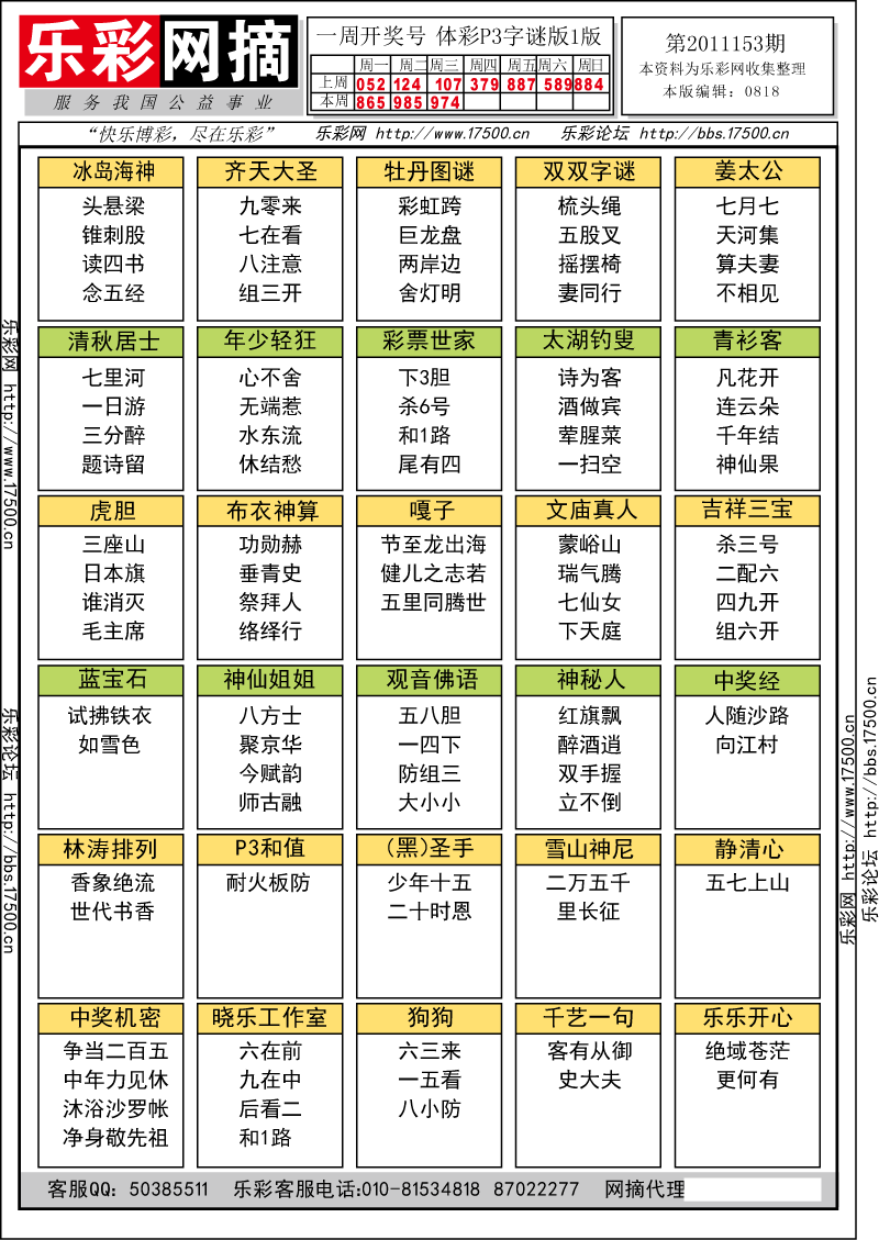 排列三第2011153期字谜总汇