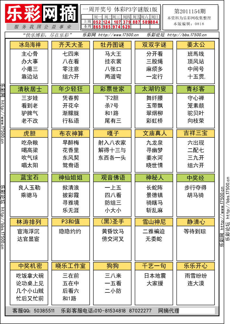 排列三第2011154期字谜总汇