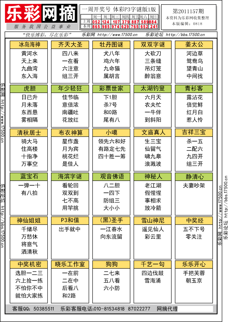 排列三第2011157期字谜总汇