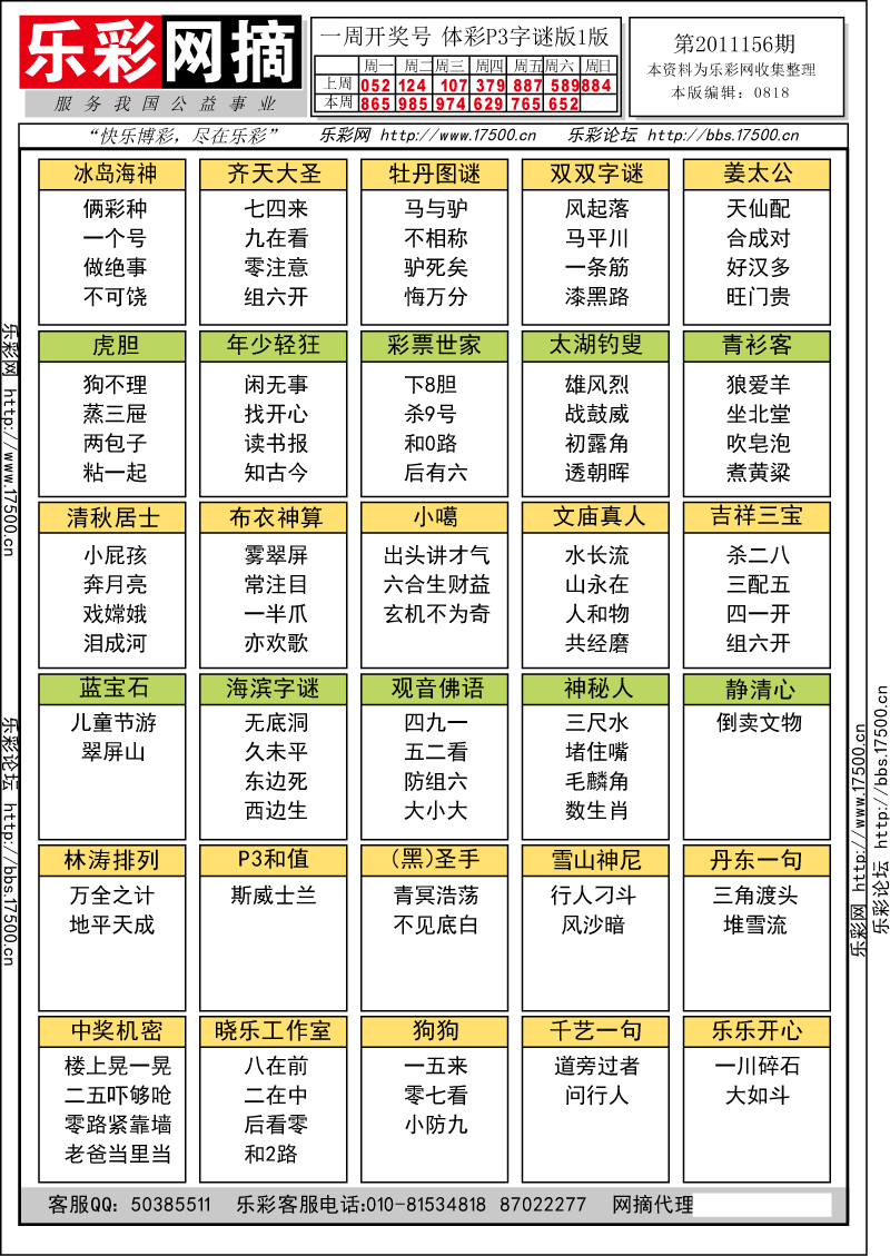 排列三第2011156期字谜总汇